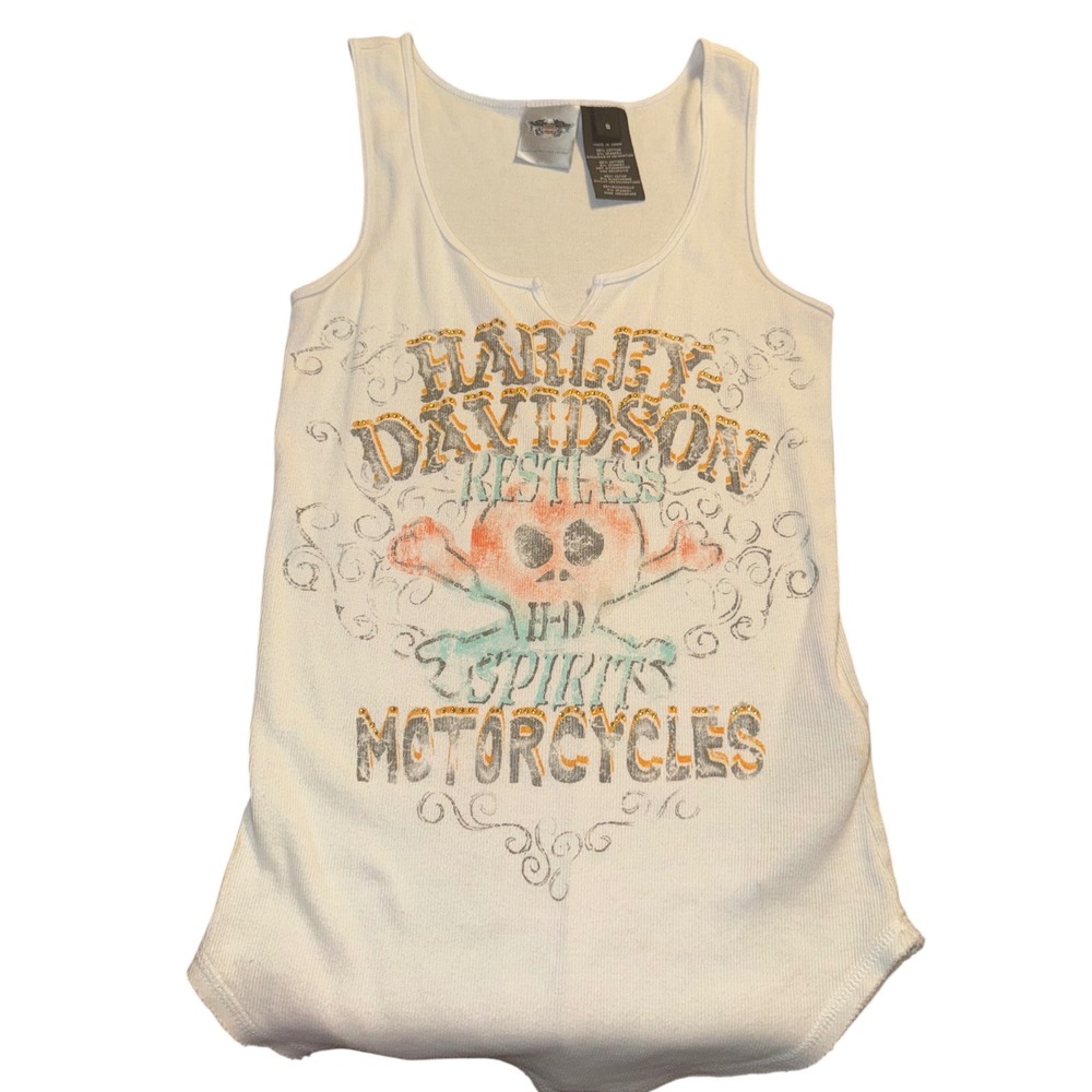 White Harley Davidson Skull & Crossbones Ribbed Tank Top S‎